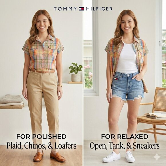 Tommy Hilfiger Tops - Tommy Hilfiger Multi-Color Plaid Button-Down Short Sleeves Shirt - Size Medium
